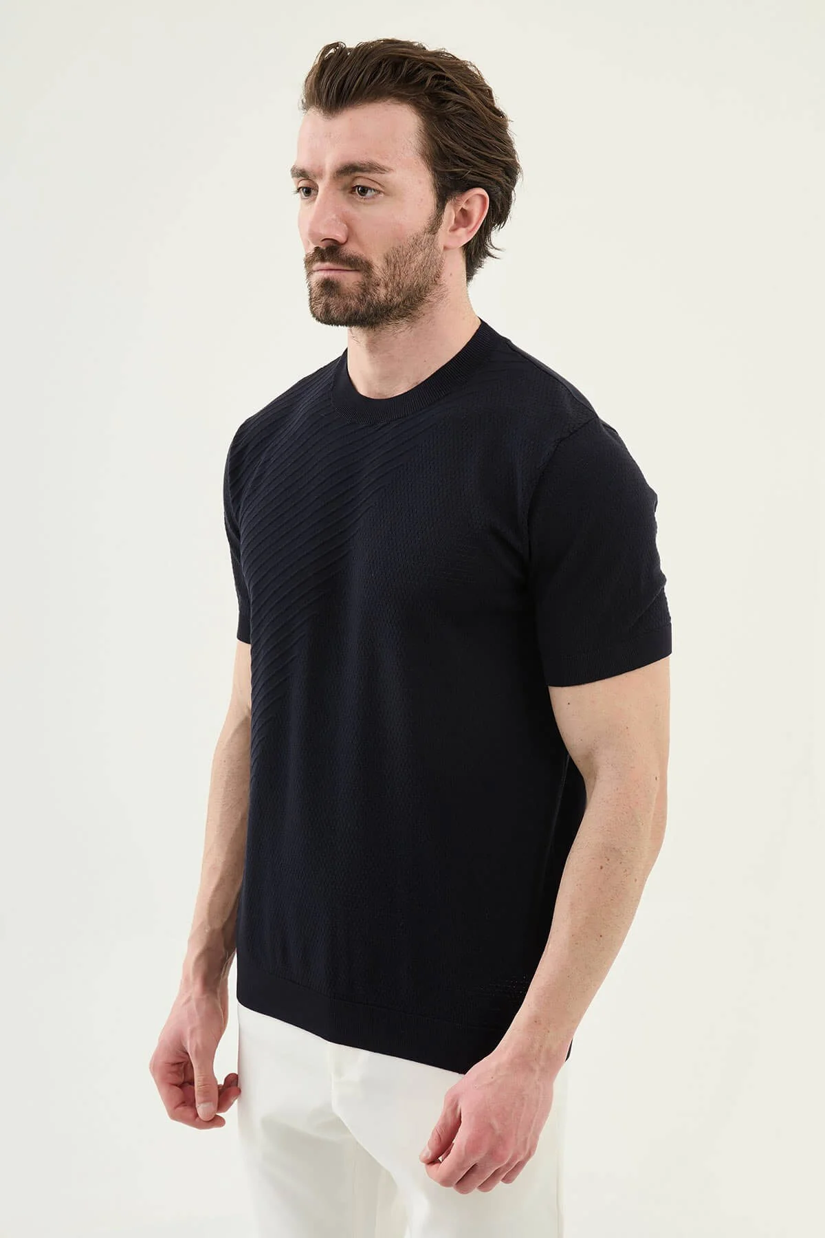 Men’s Navy Blue Textured Crew Neck T-Shirt - Image 2