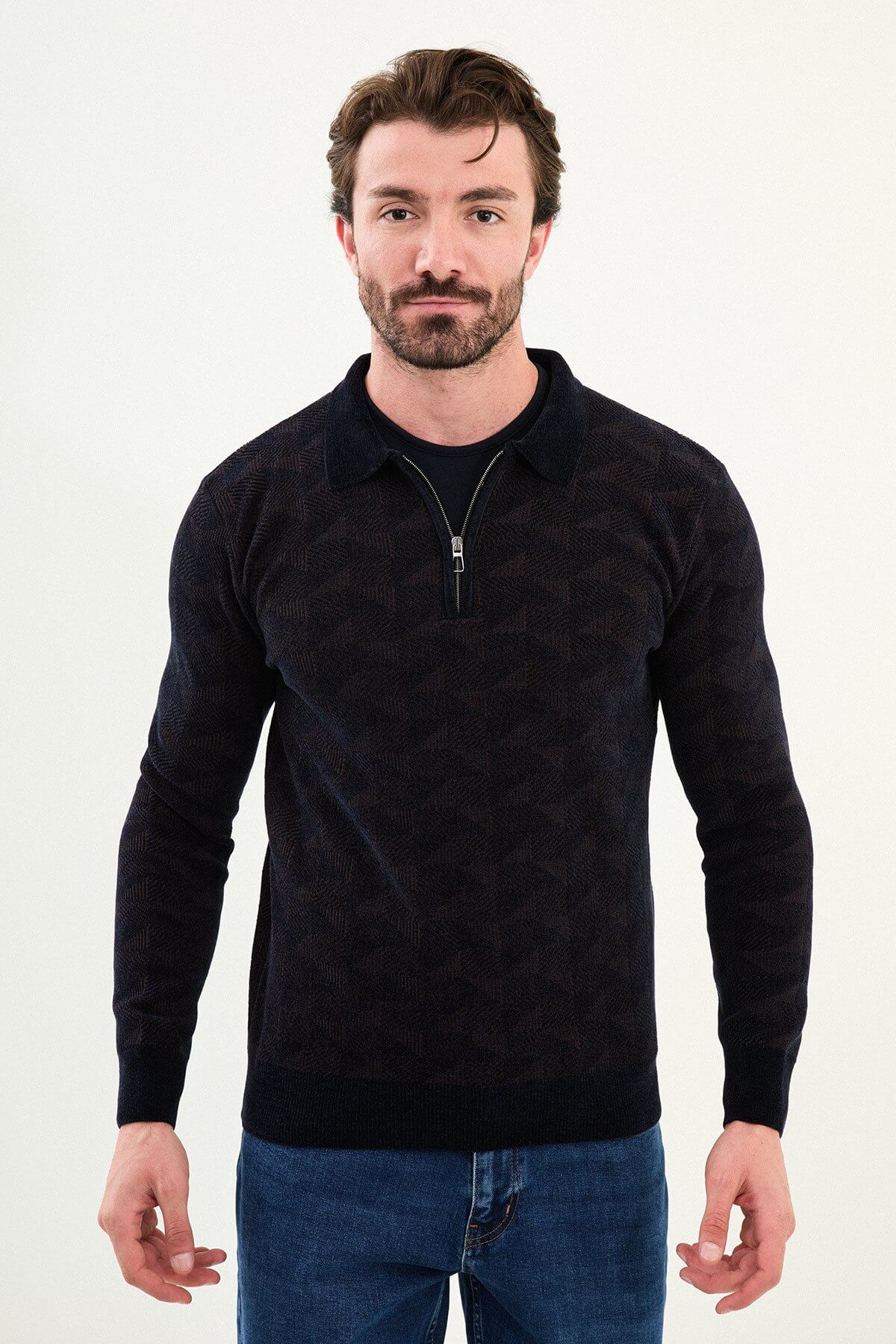 Men’s Navy Blue Textured Zip Polo Sweater.
