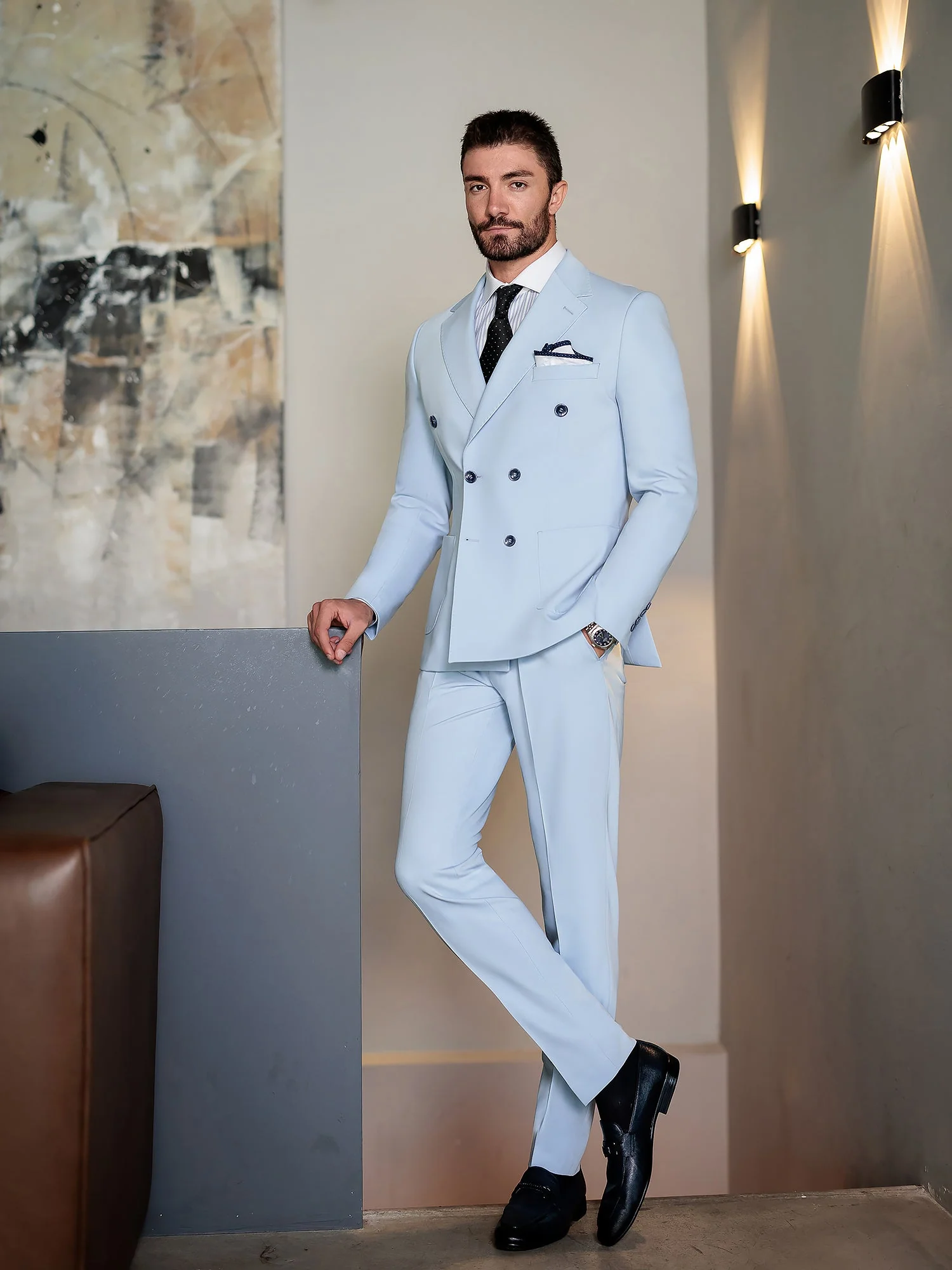 Men’s Sky Blue Double-Breasted 2-Piece Suit. - Image 5