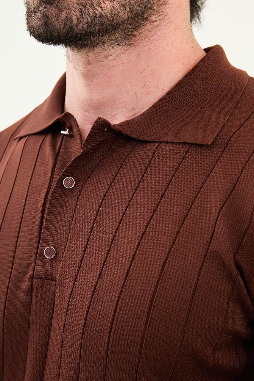 Men’s Tile Brown Ribbed Polo Sweater. - Image 2
