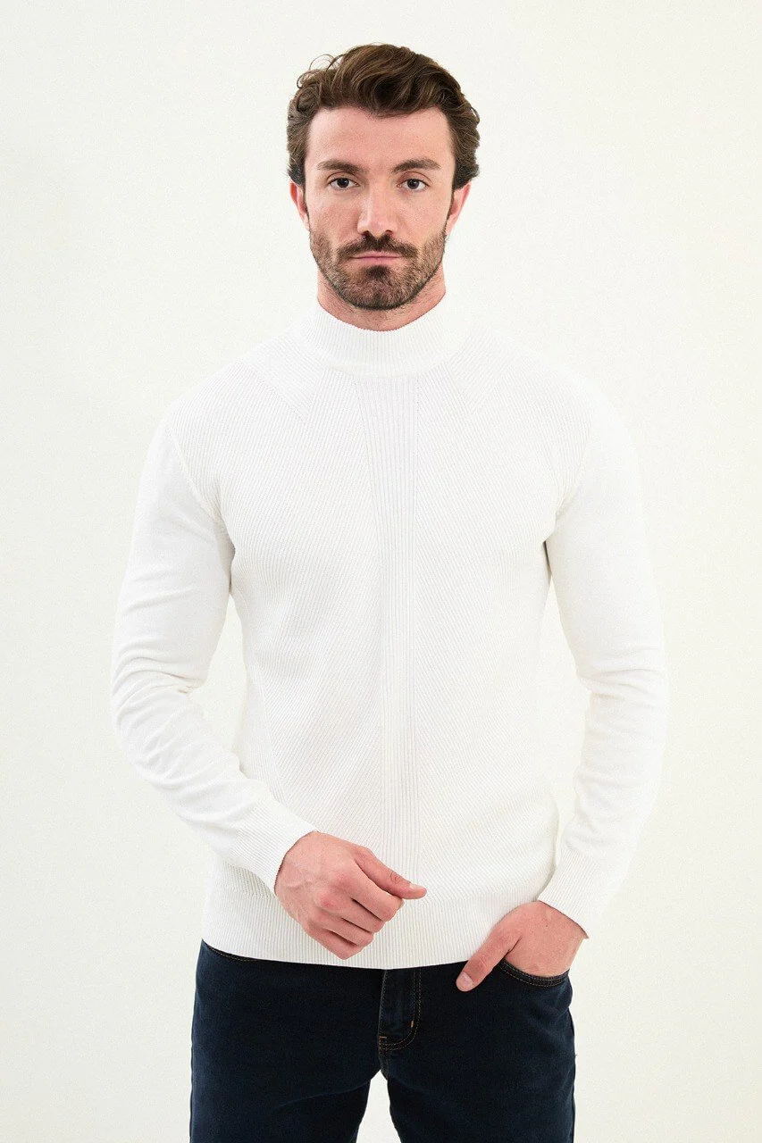 Men’s White Ribbed Mock-Neck Cotton-Blend Sweater.