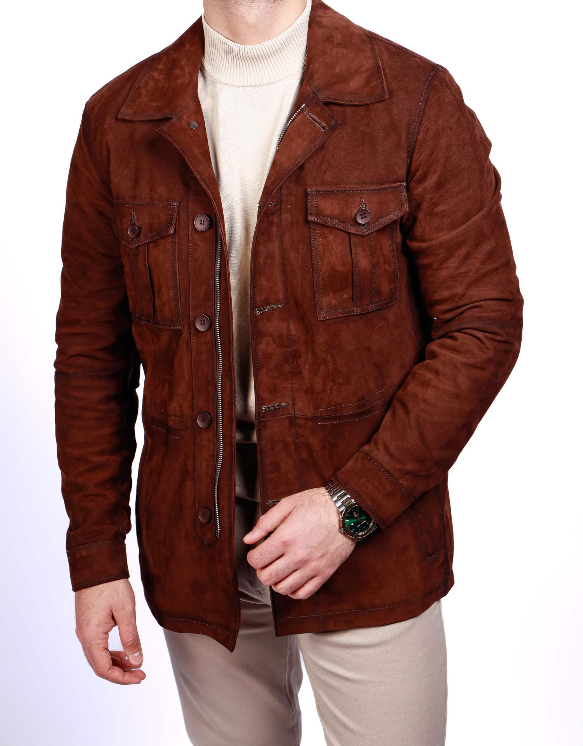 Men’s Winter Brown Lamb Leather Field Jacket. - Image 3
