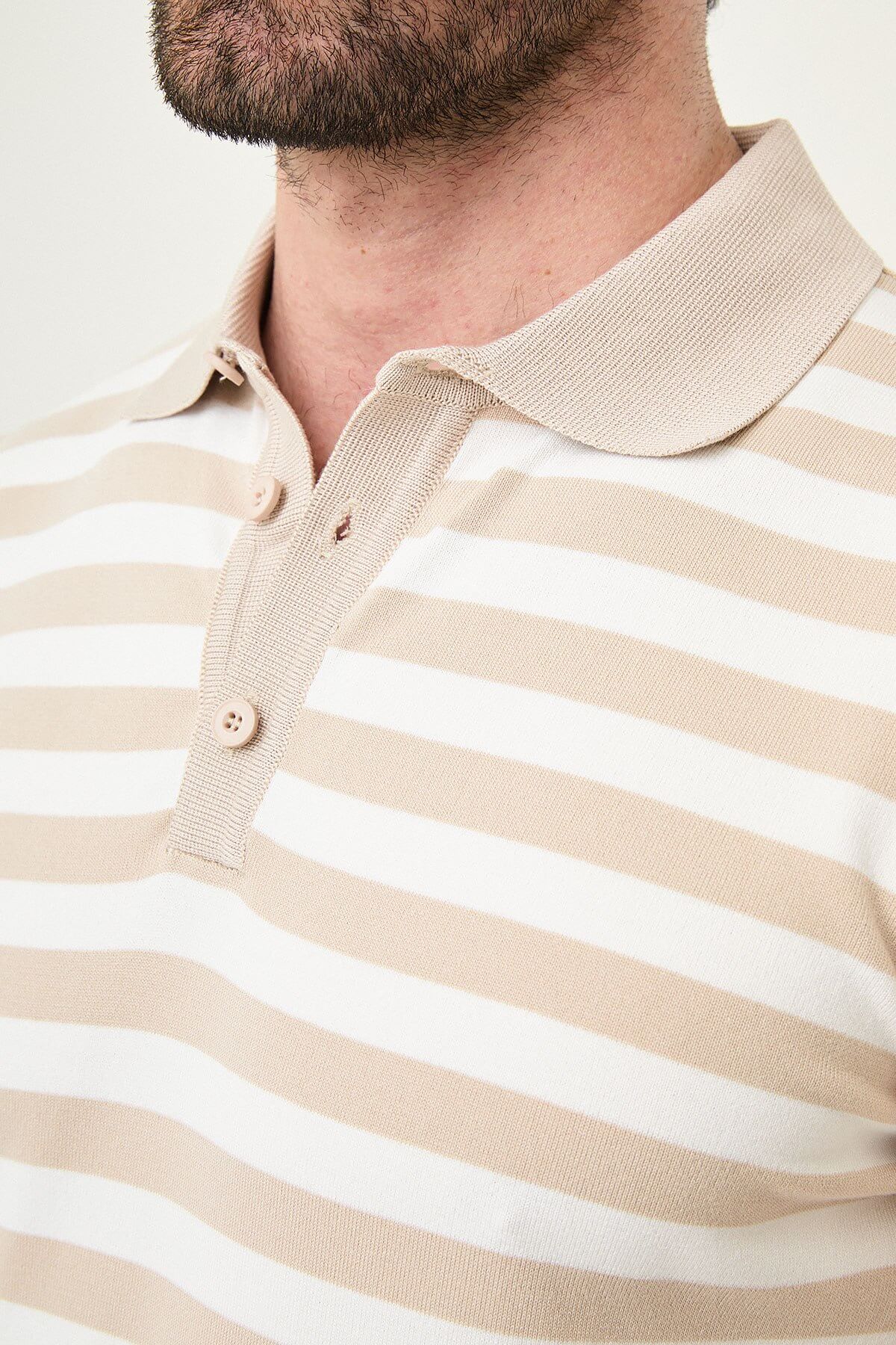 Men’s Beige and White Striped Knit Polo Shirt - Image 3