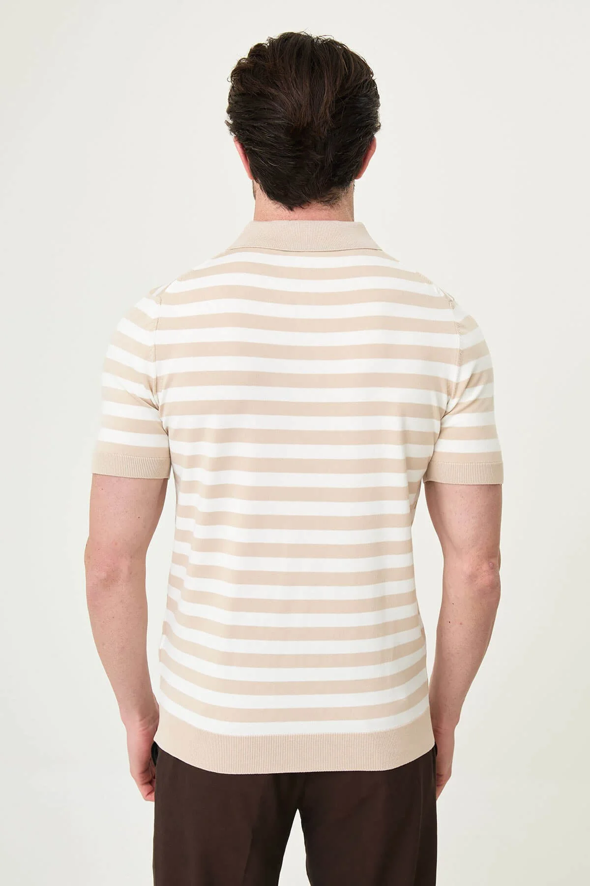 Men’s Beige and White Striped Knit Polo Shirt - Image 4