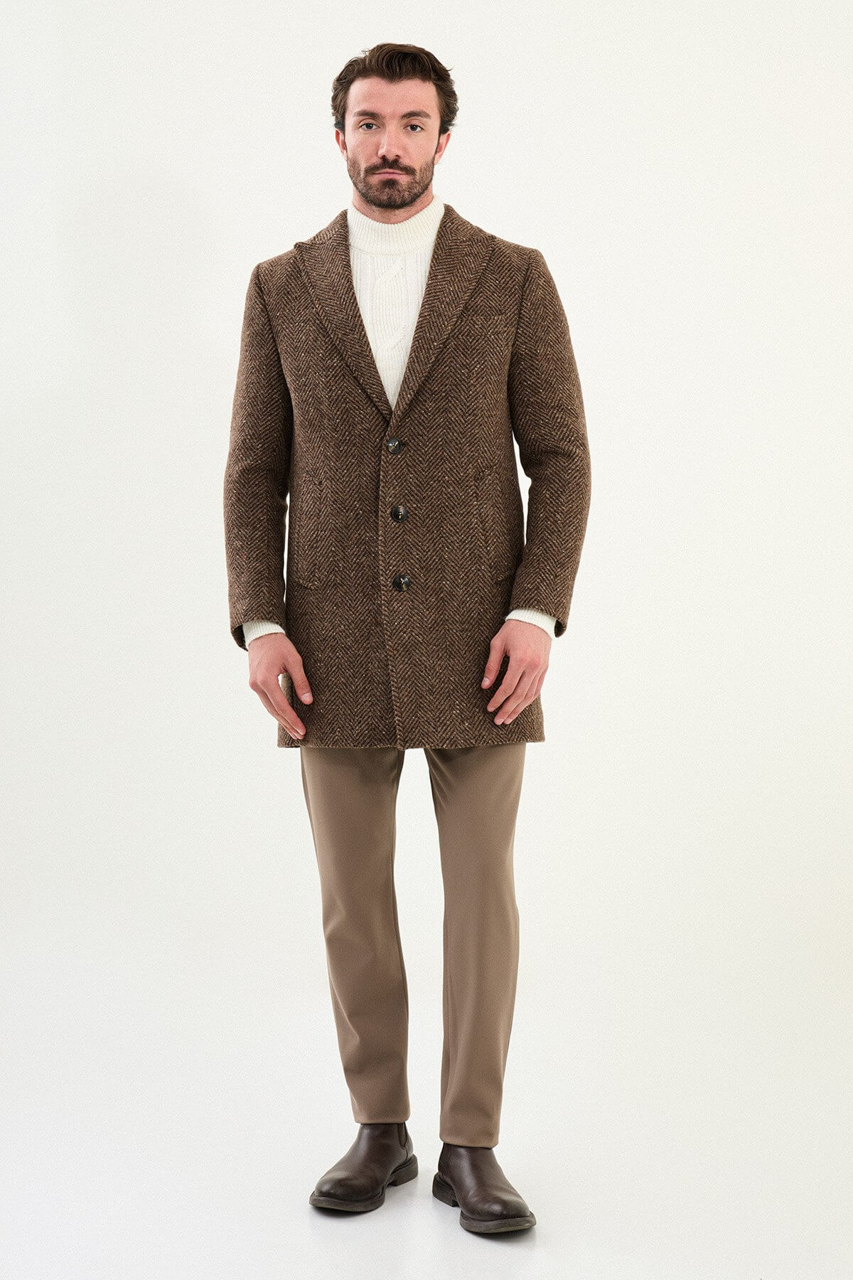 Men's Beige Herringbone Wool Blend Double Breasted Coat.