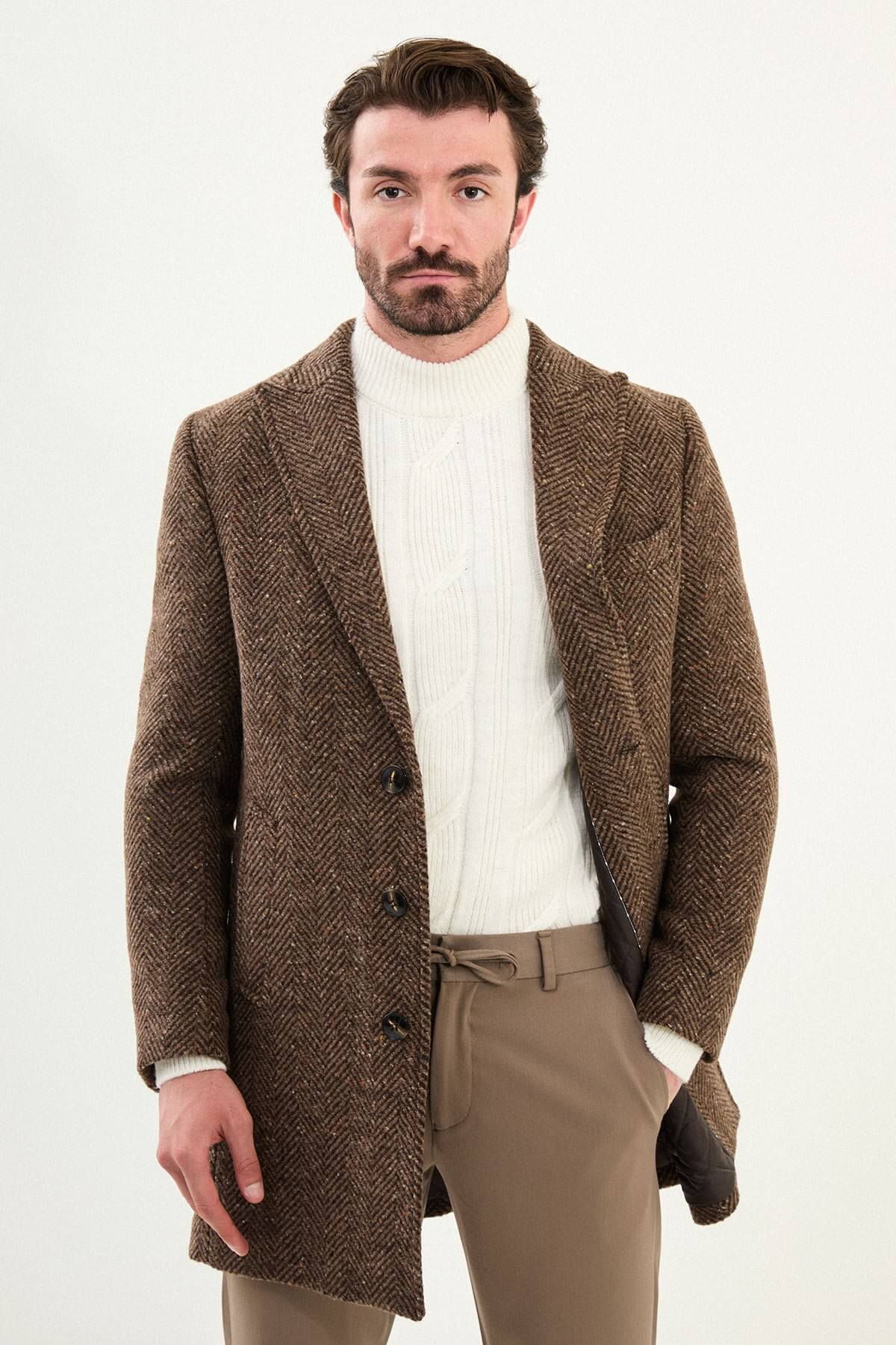 Men's Beige Herringbone Wool Blend Double Breasted Coat. - Image 2