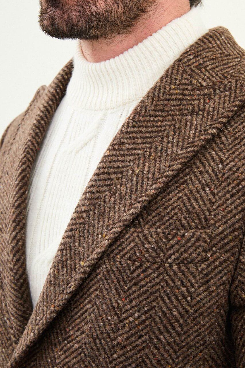 Men's Beige Herringbone Wool Blend Double Breasted Coat. - Image 3