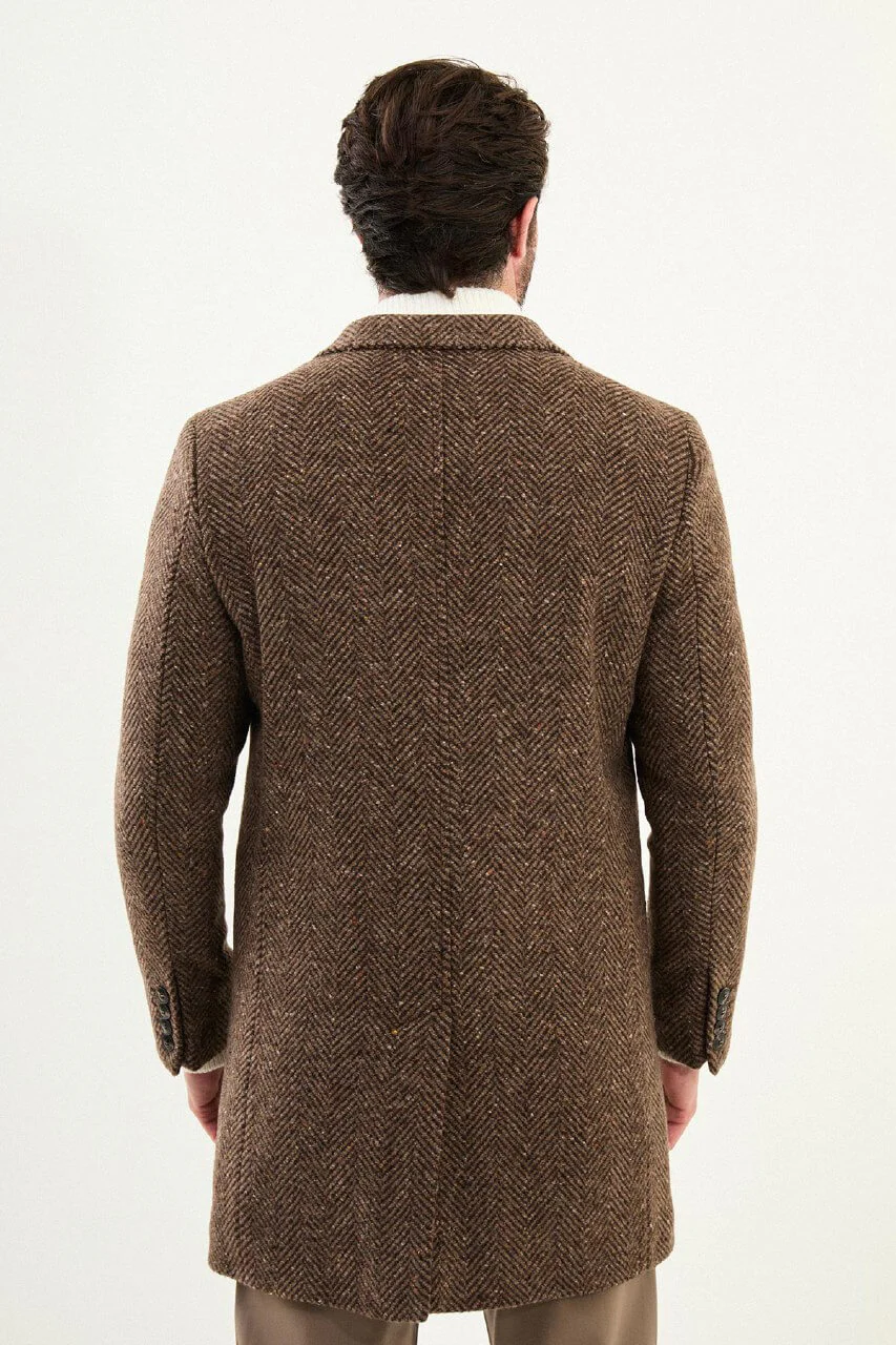 Men's Beige Herringbone Wool Blend Double Breasted Coat. - Image 4