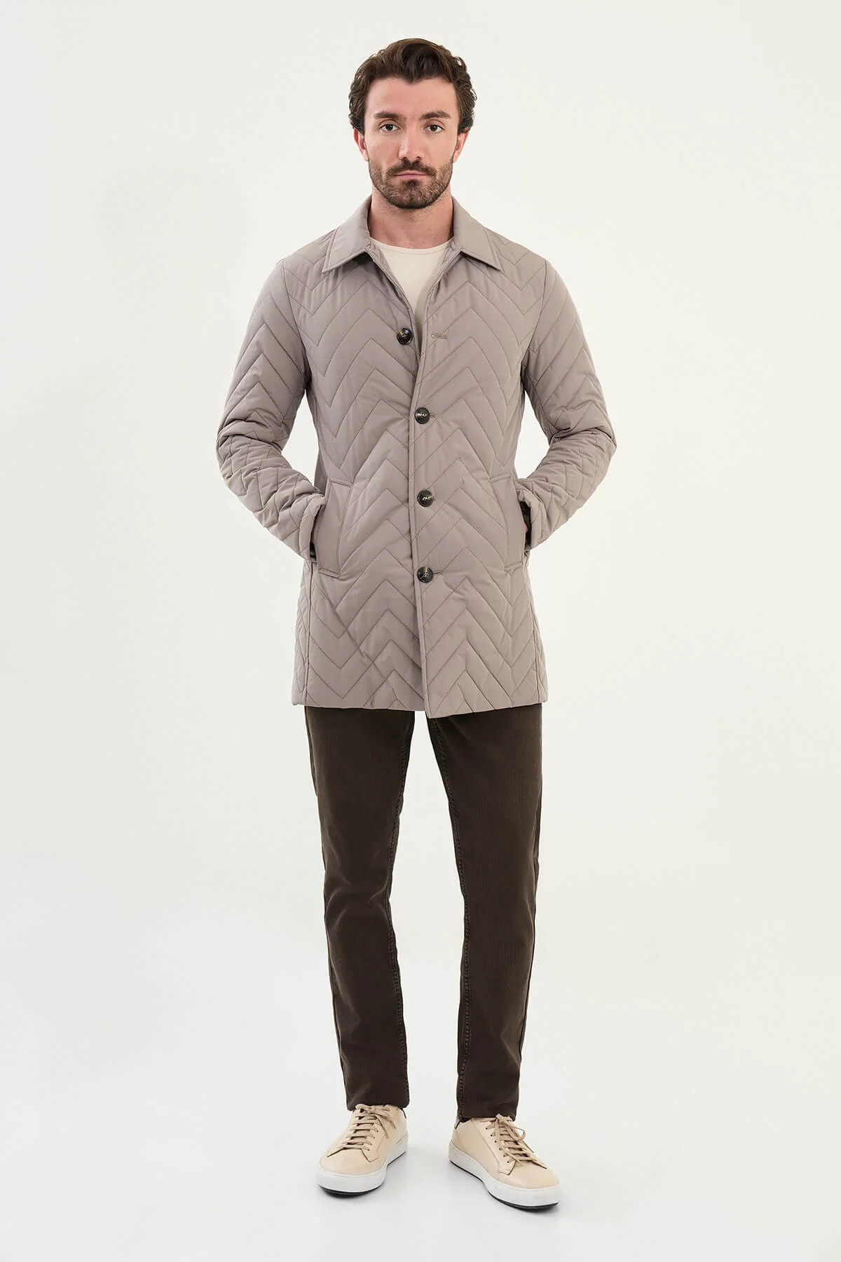 Men’s Beige Quilted Slim Fit Coat.