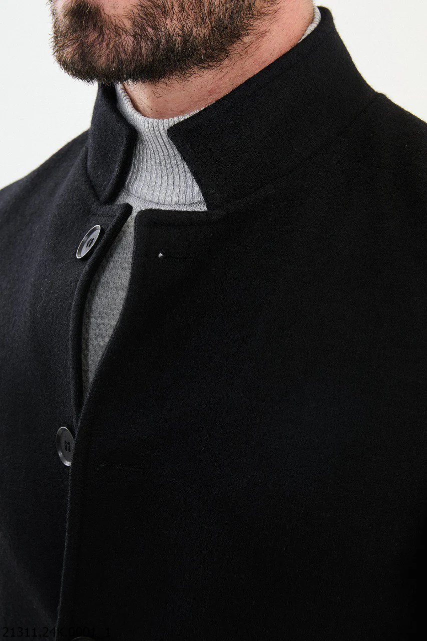 Men's Black Collar Cotton Blend Winter Coat - Image 3