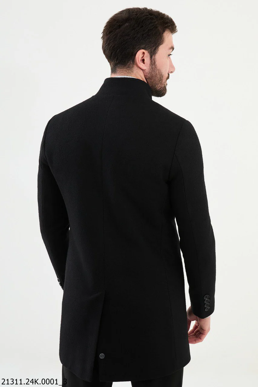 Men's Black Collar Cotton Blend Winter Coat - Image 4