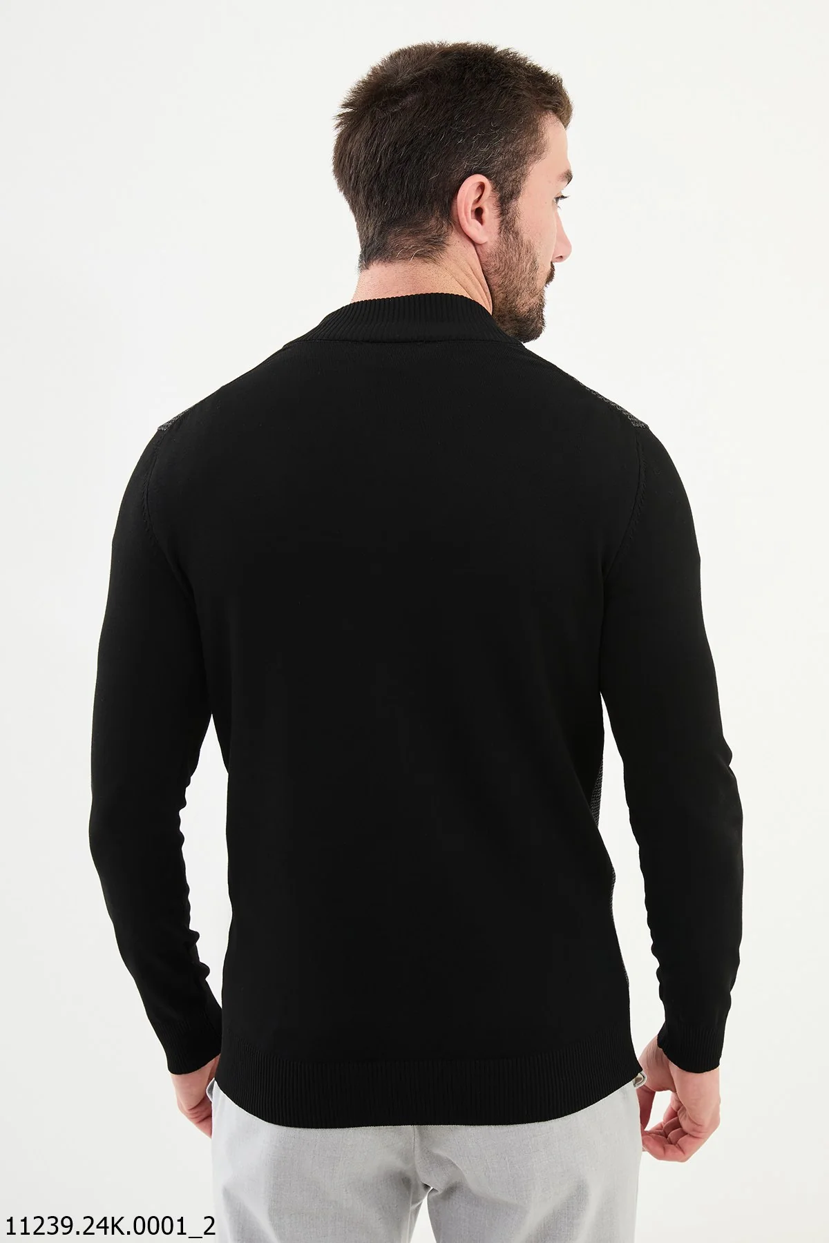 Men's Black Zipper Front Patterned Cardigan Sweater. - Image 3