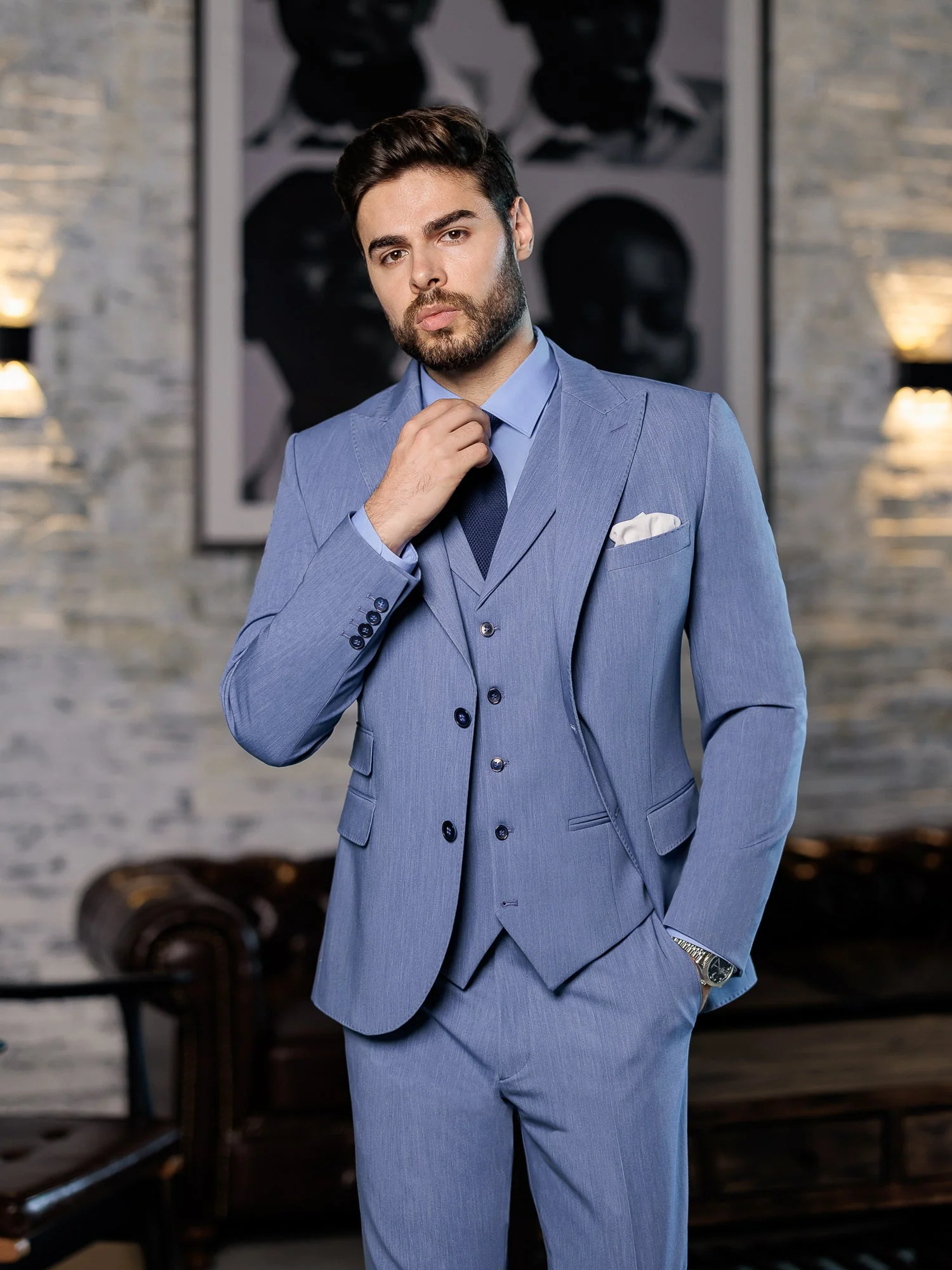 Men's Blue Slim-Fit Peak Lapel 3-Piece Suit. - Image 3