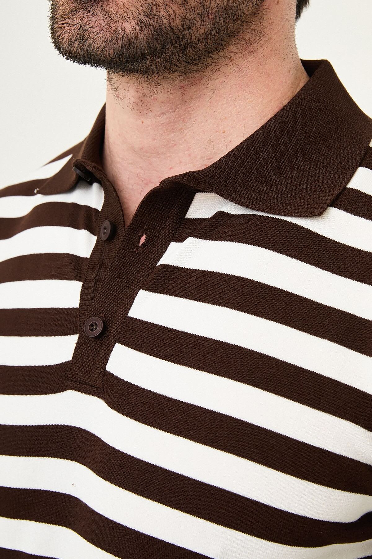 Men’s Brown and White Striped Knit Polo Shirt. - Image 3