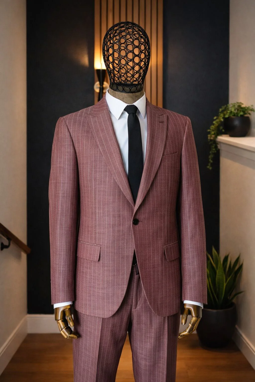 Men's Burgundy Pinstripe Slim Fit Suit.