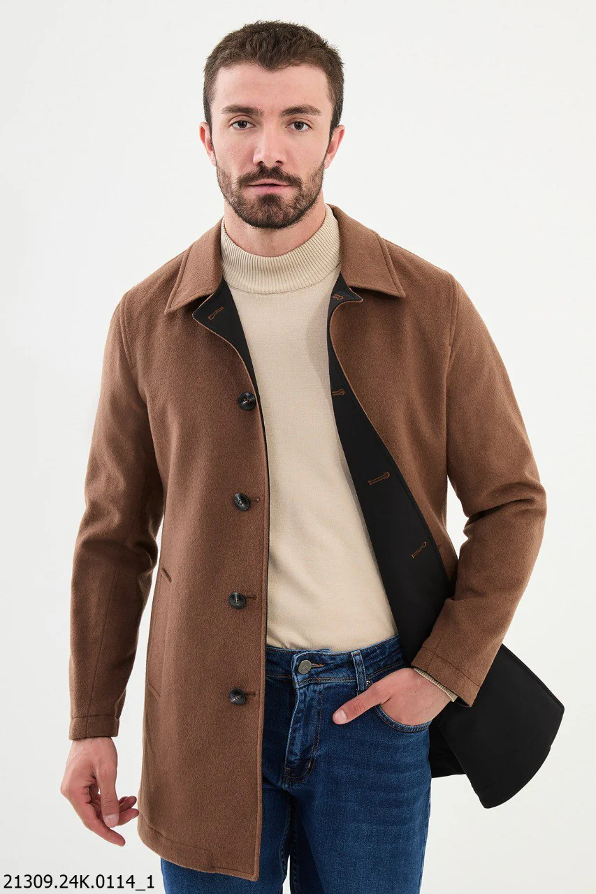 Men's Camel Brown Button-Down Cotton Blend Winter Coat - Image 2