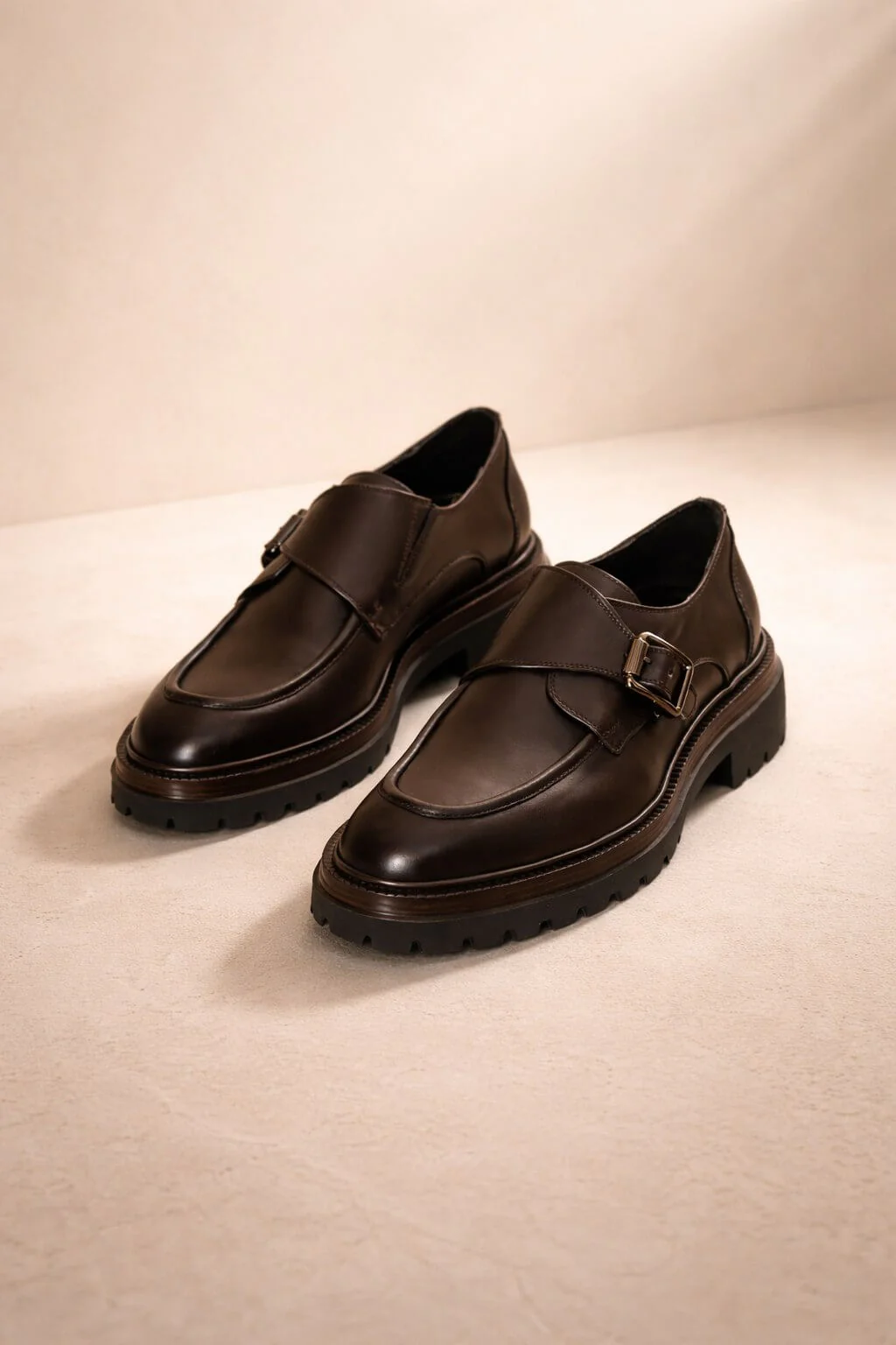 Men's Dark Brown Leather Monk Strap Shoes.