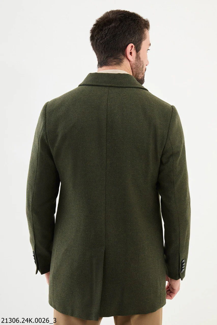 Men's Khaki Green Asymmetrical Button Winter Coat - Image 4