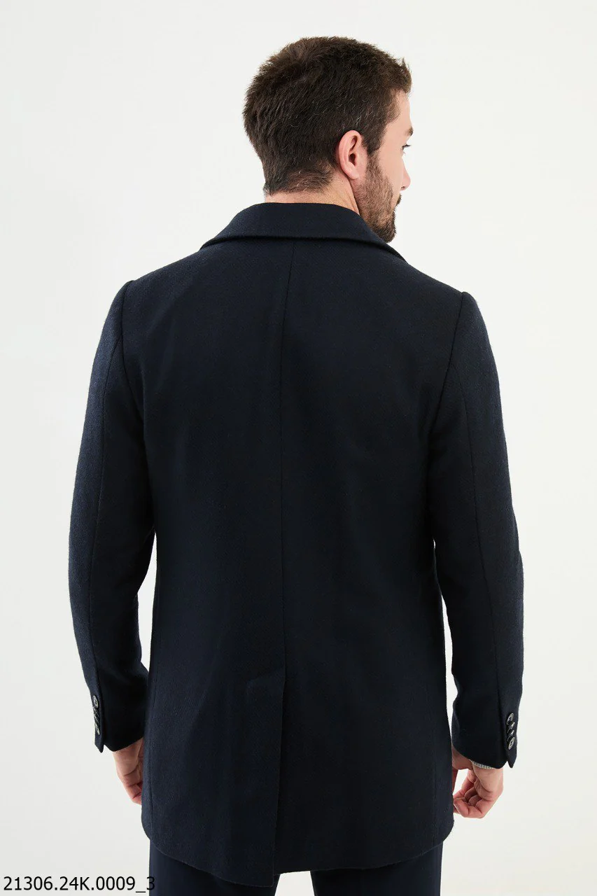 Men's Navy Asymmetrical Button Winter Coat - Image 4