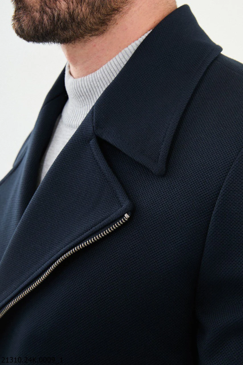 Men's Navy Blue Asymmetrical Zip Cotton Blend Winter Coat. - Image 3