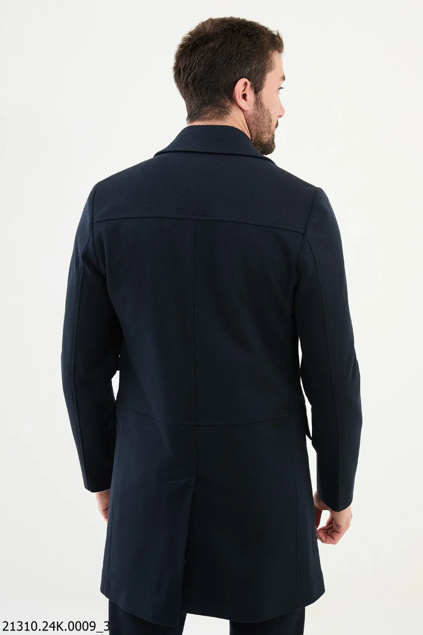 Men's Navy Blue Asymmetrical Zip Cotton Blend Winter Coat. - Image 4