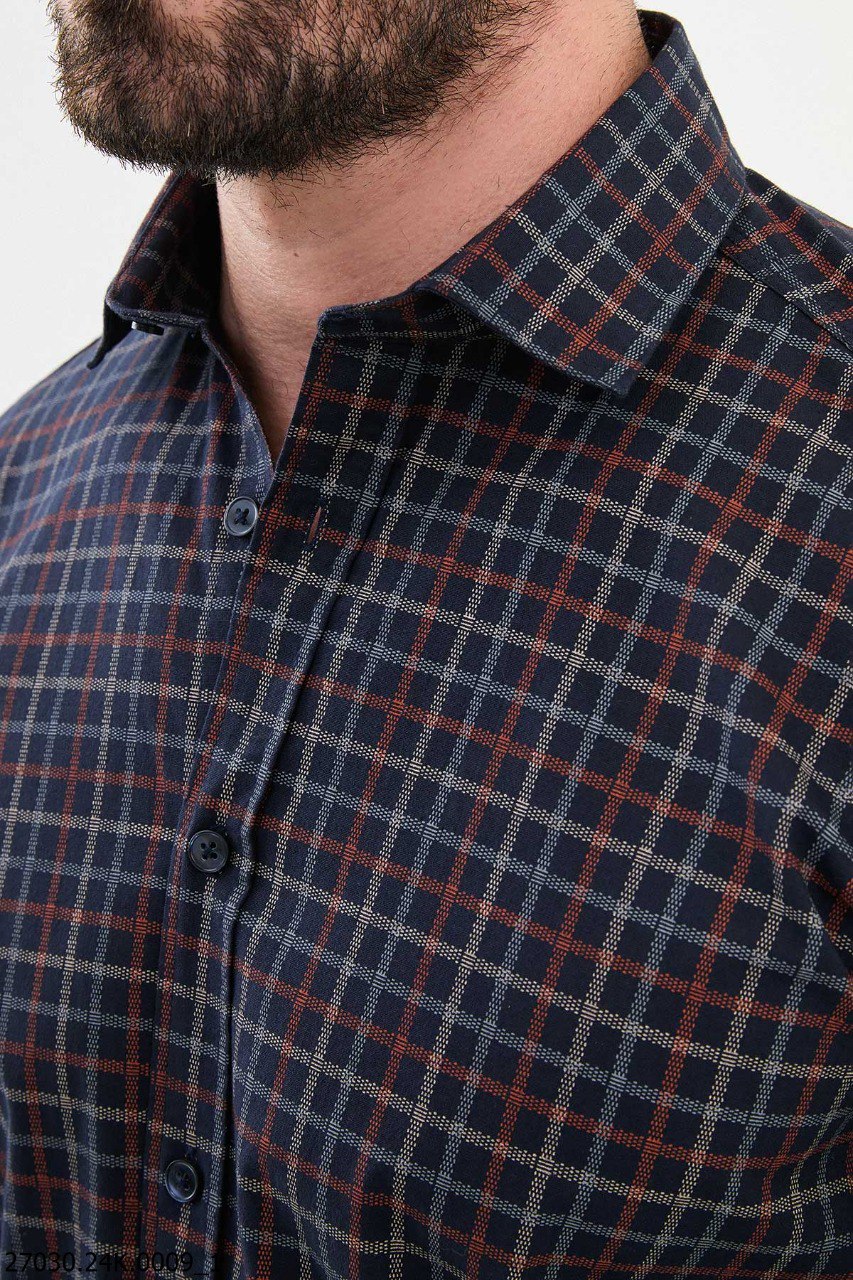 Men's Navy Blue Brown Grid Pattern Shirt. - Image 2