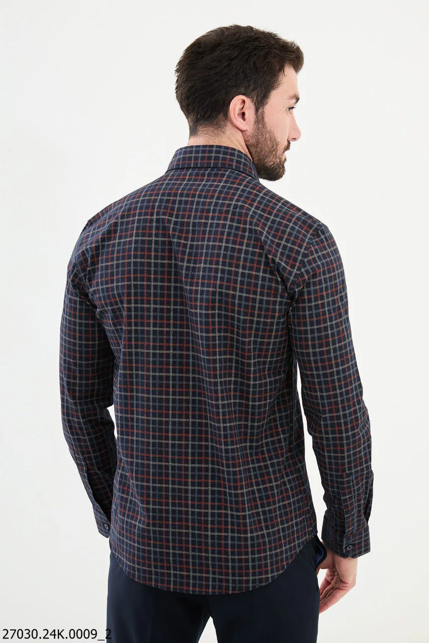 Men's Navy Blue Brown Grid Pattern Shirt. - Image 3