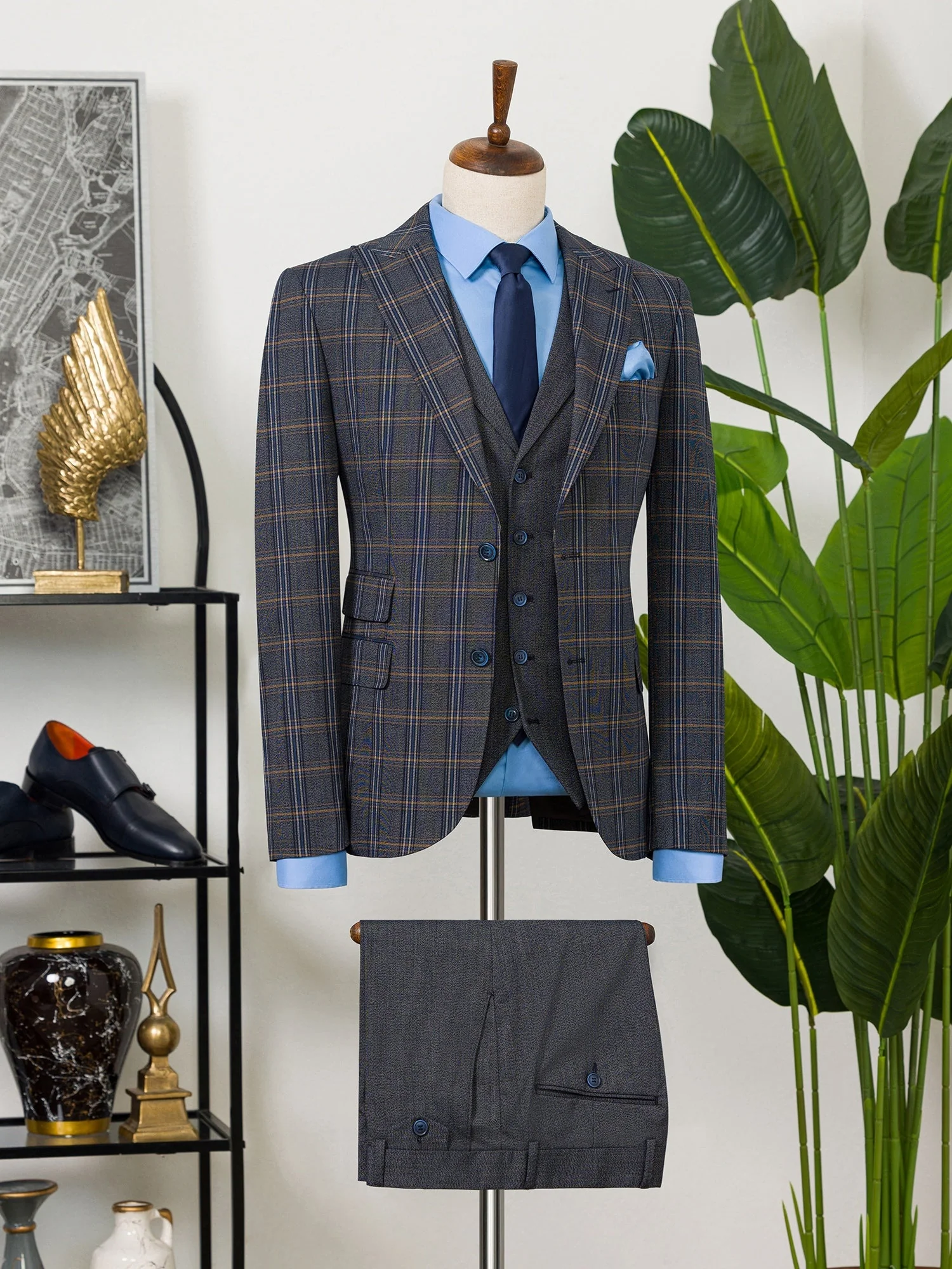 Men's Navy Plaid Slim-Fit Peak Lapel 3-Piece Suit. - Image 14