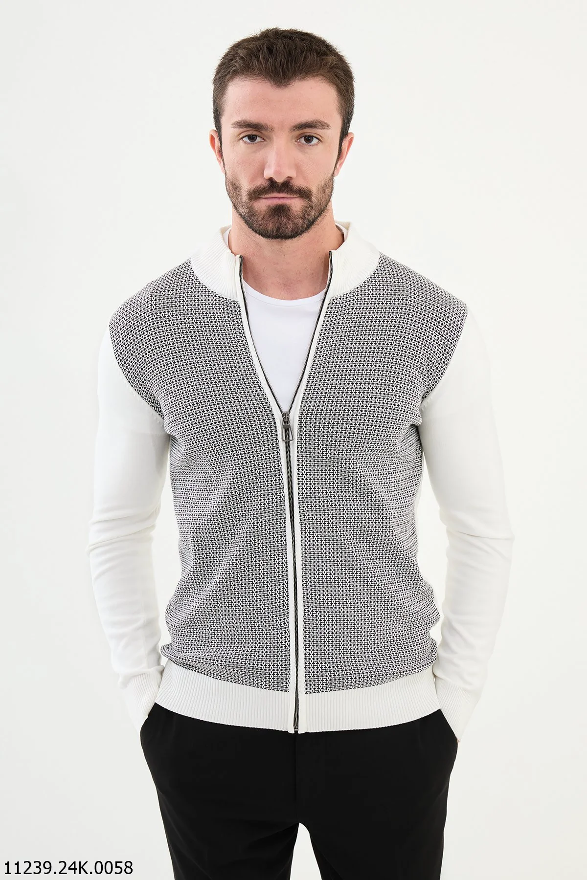 Men's White Zippered Cardigan with Textured Design.