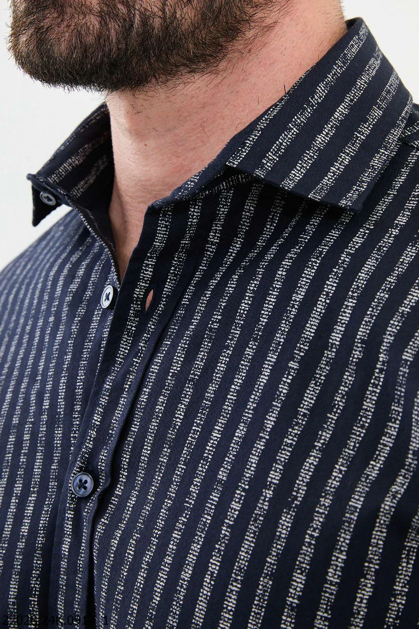 Navy Blue and White Vertical Striped Men's Shirt. - Image 2