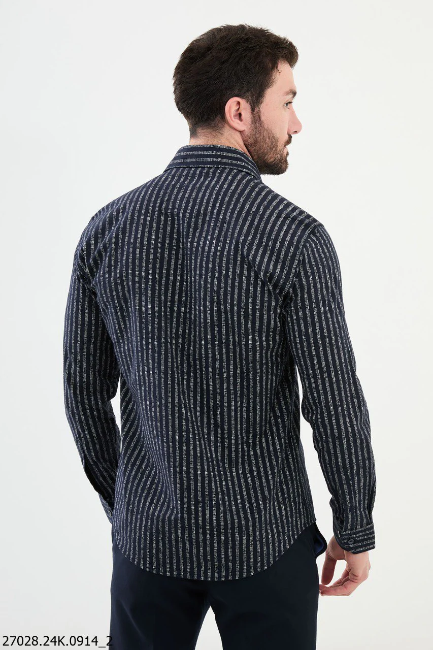 Navy Blue and White Vertical Striped Men's Shirt. - Image 3