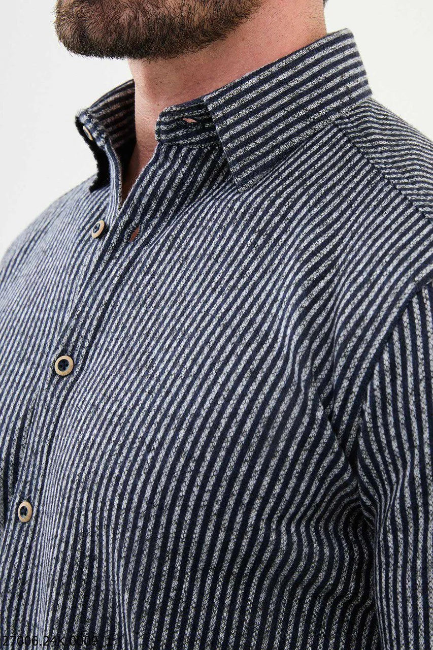 Navy Blue-Gray Striped Men's Casual Shirt. - Image 2