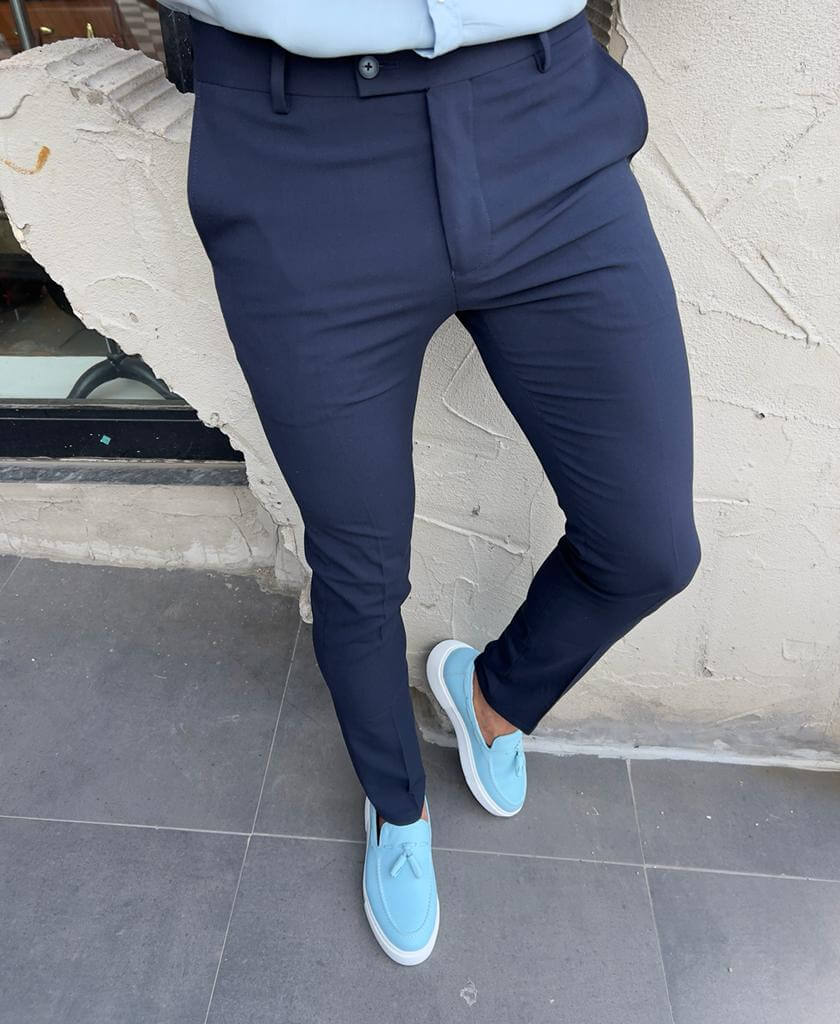 Men's Navy Blue Slim Fit Trousers - Image 3
