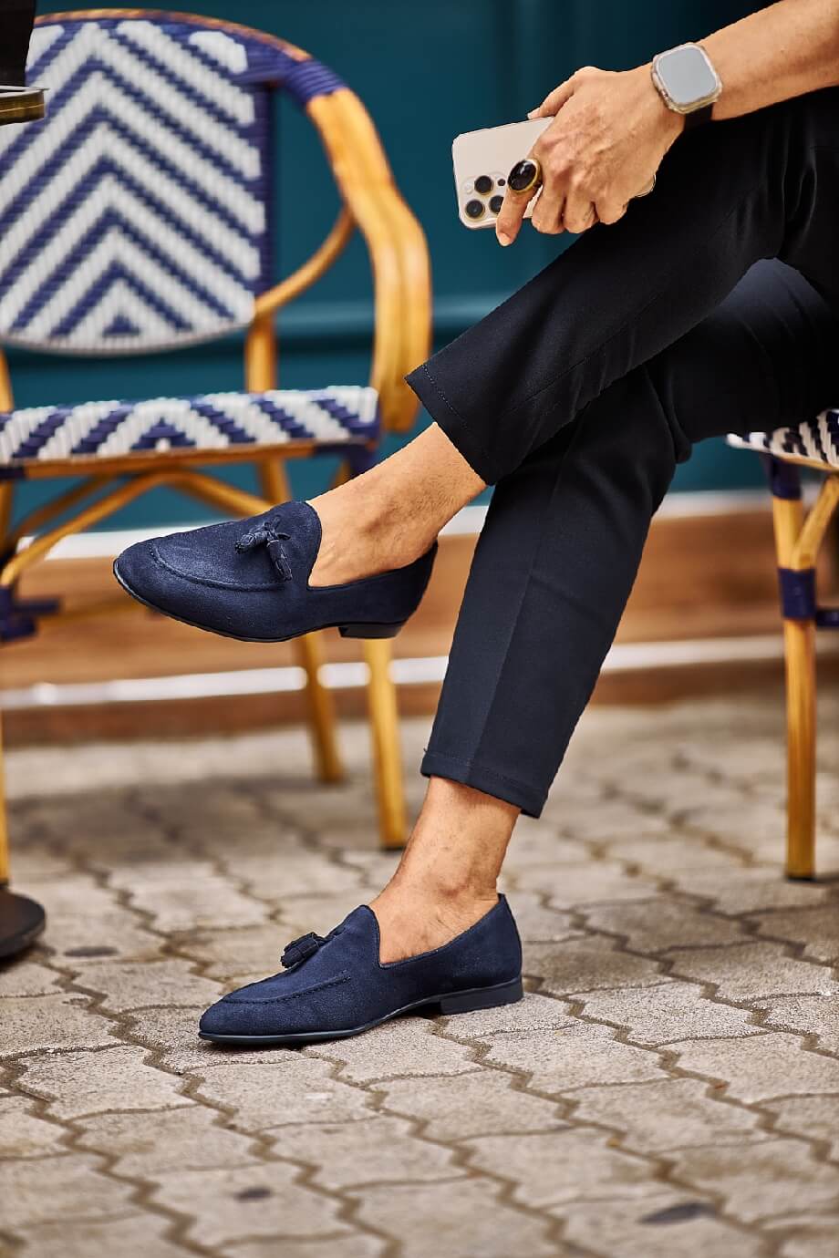 Suede Navy Blue Tassel Loafers - Image 3