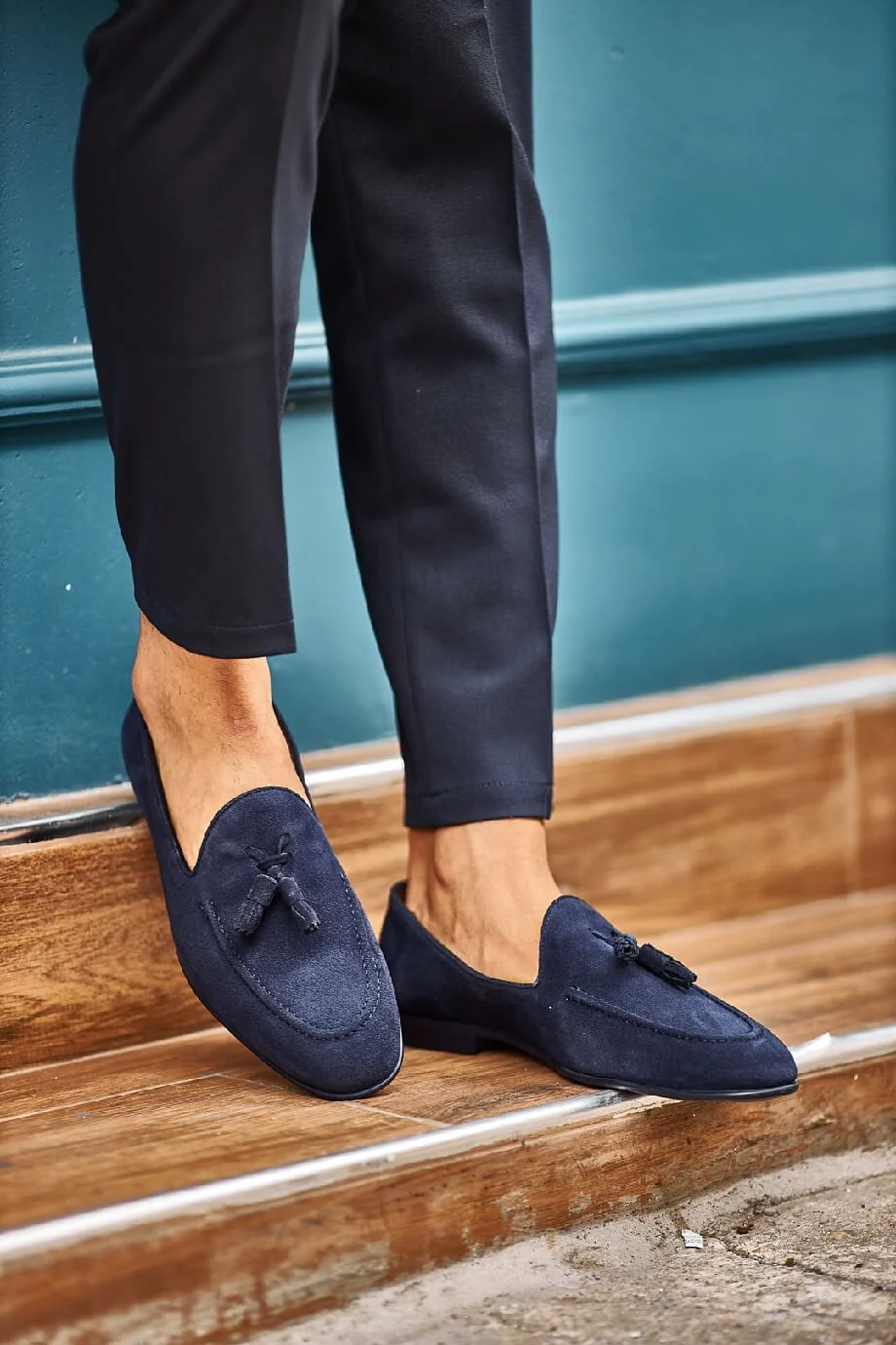 Suede Navy Blue Tassel Loafers - Image 4