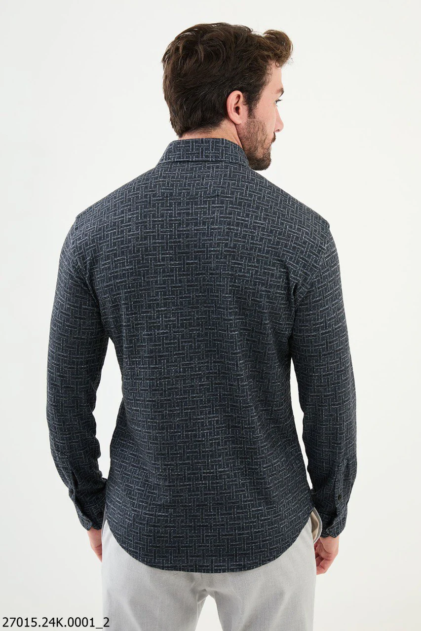 Navy Blue Textured Men's Shirt - Premium Geometric Elegance. - Image 3