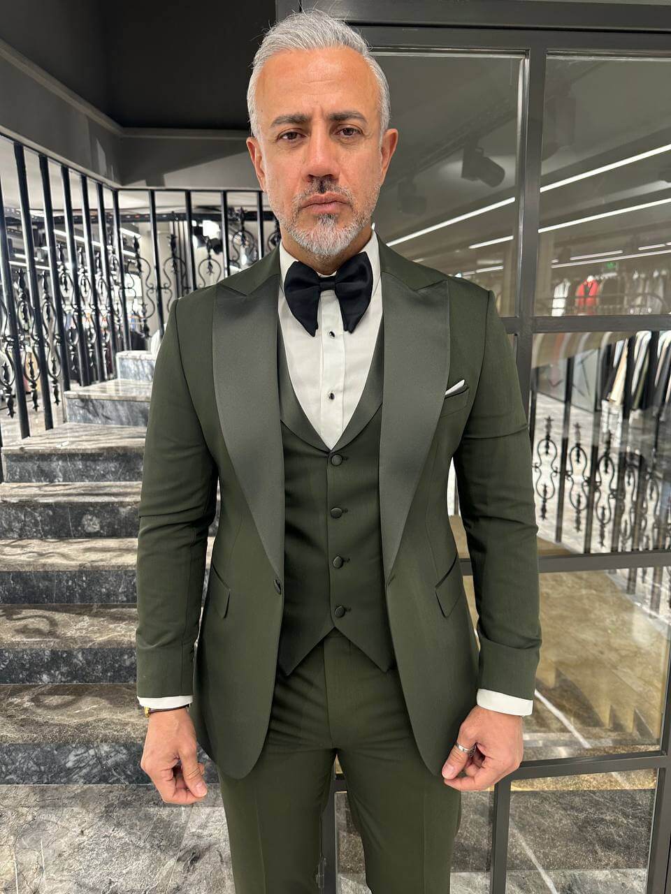 Olive Green Satin Shawl Lapel Tuxedo Suit for Men - Image 13