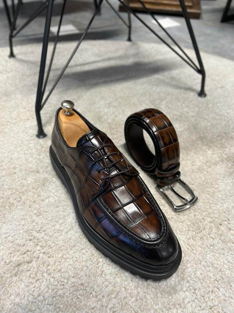 Napoli Patterned Brown Croco Leather Derby Shoe - Image 2