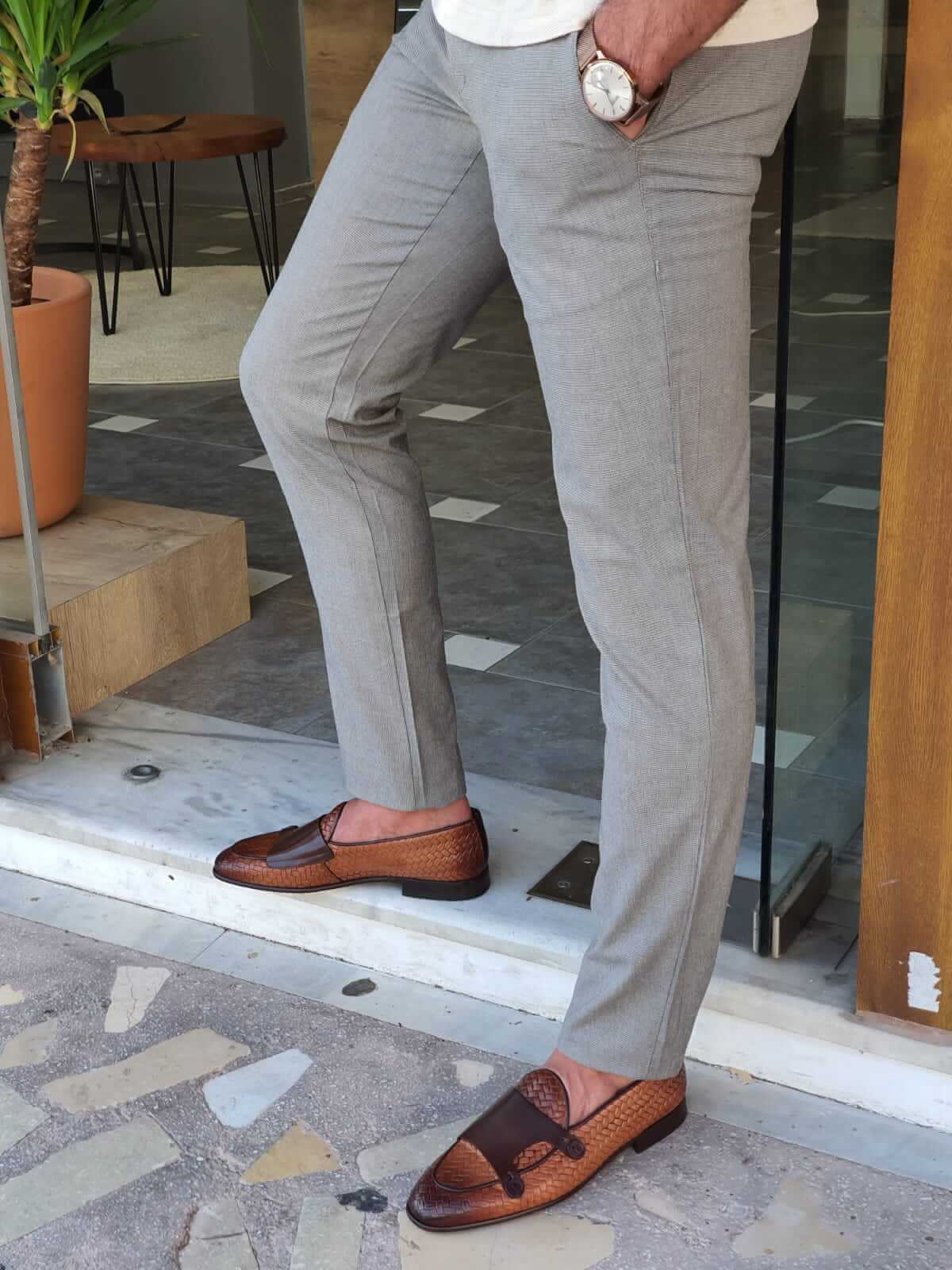 Men's Plaid Gray Slim Fit Cotton Pants. - Image 3