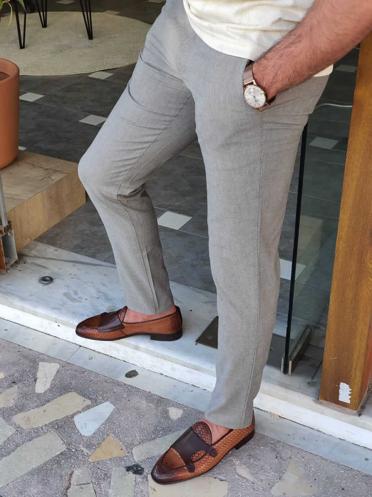 Men's Plaid Gray Slim Fit Cotton Pants. - Image 4