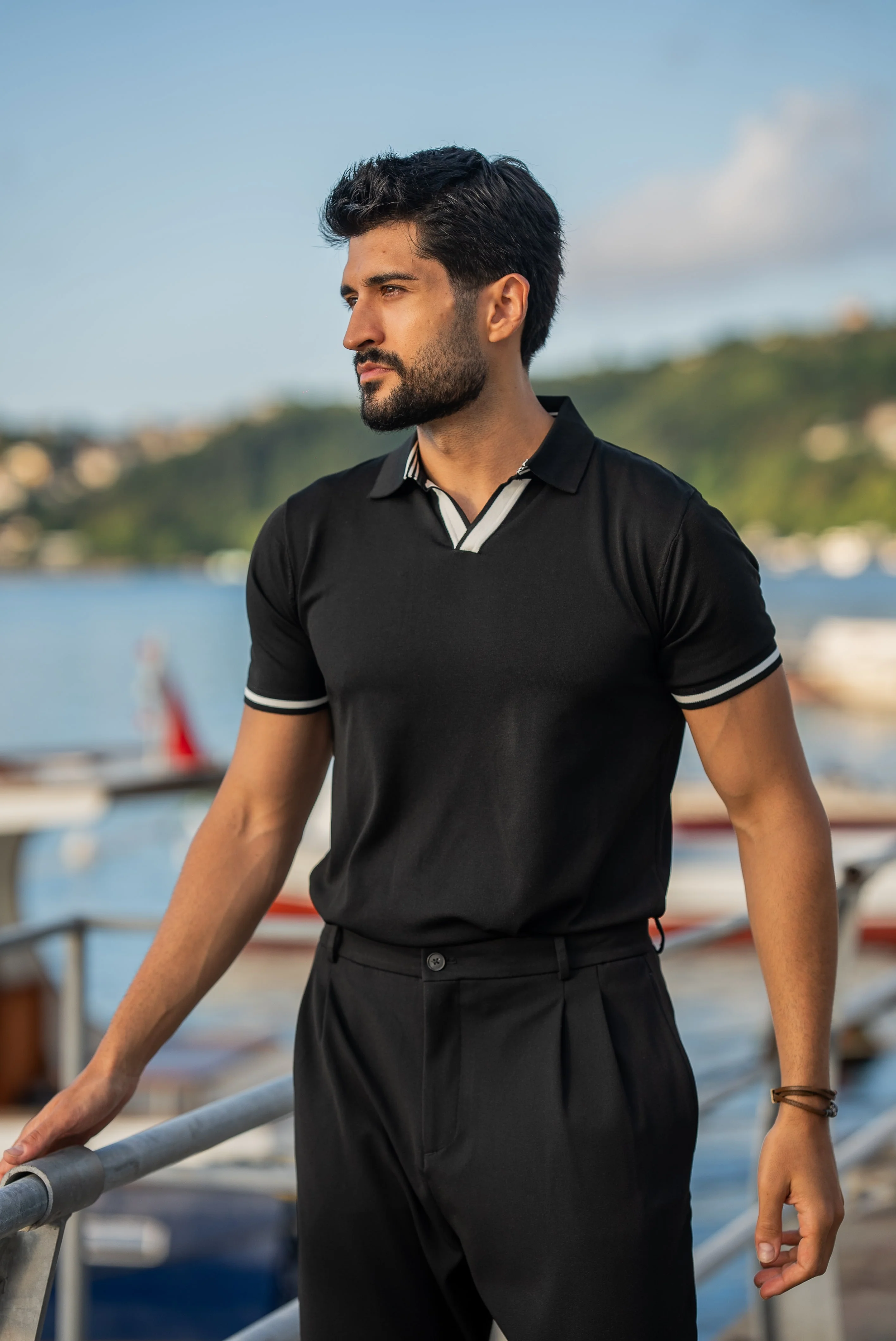 Positano Black Polo Collar Men's T-Shirt. - Image 3