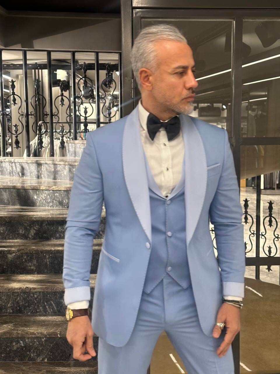 Sky Blue Satin 3 Piece Tuxedo Suit for Men - Image 2