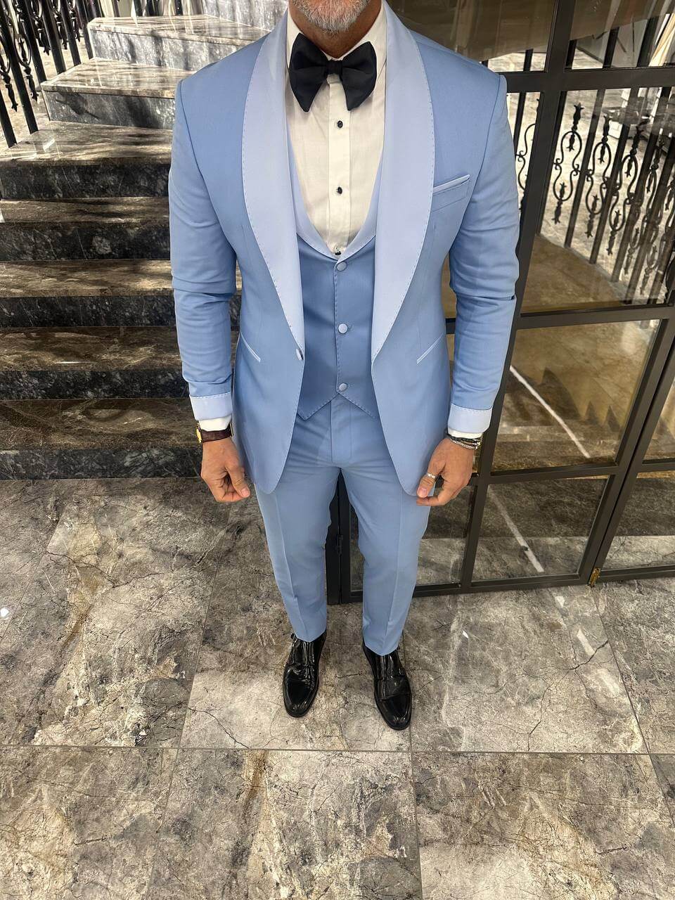 Sky Blue Satin 3 Piece Tuxedo Suit for Men - Image 4