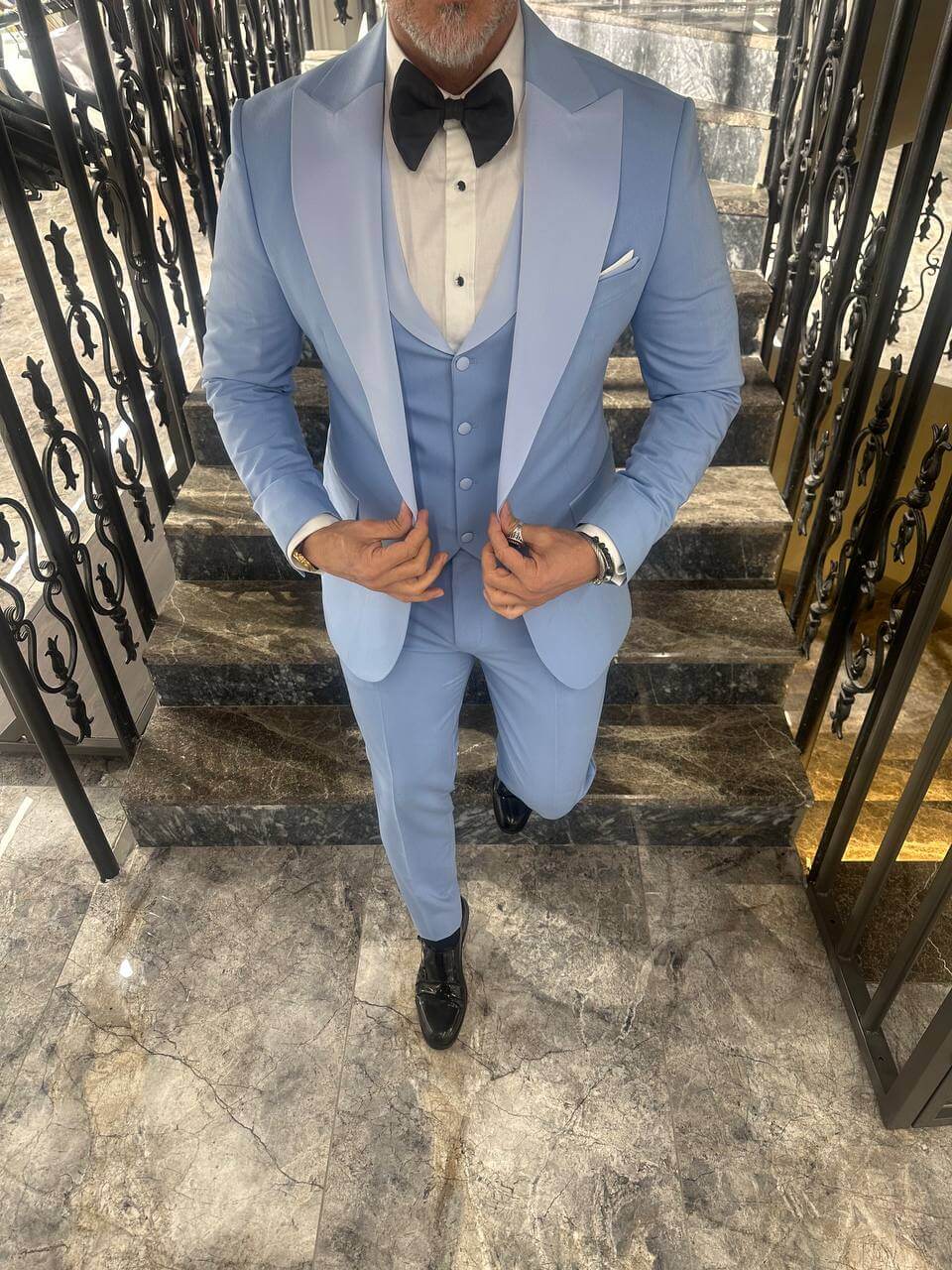 Sky Blue Satin 3 Piece Tuxedo Suit for Men - Image 6