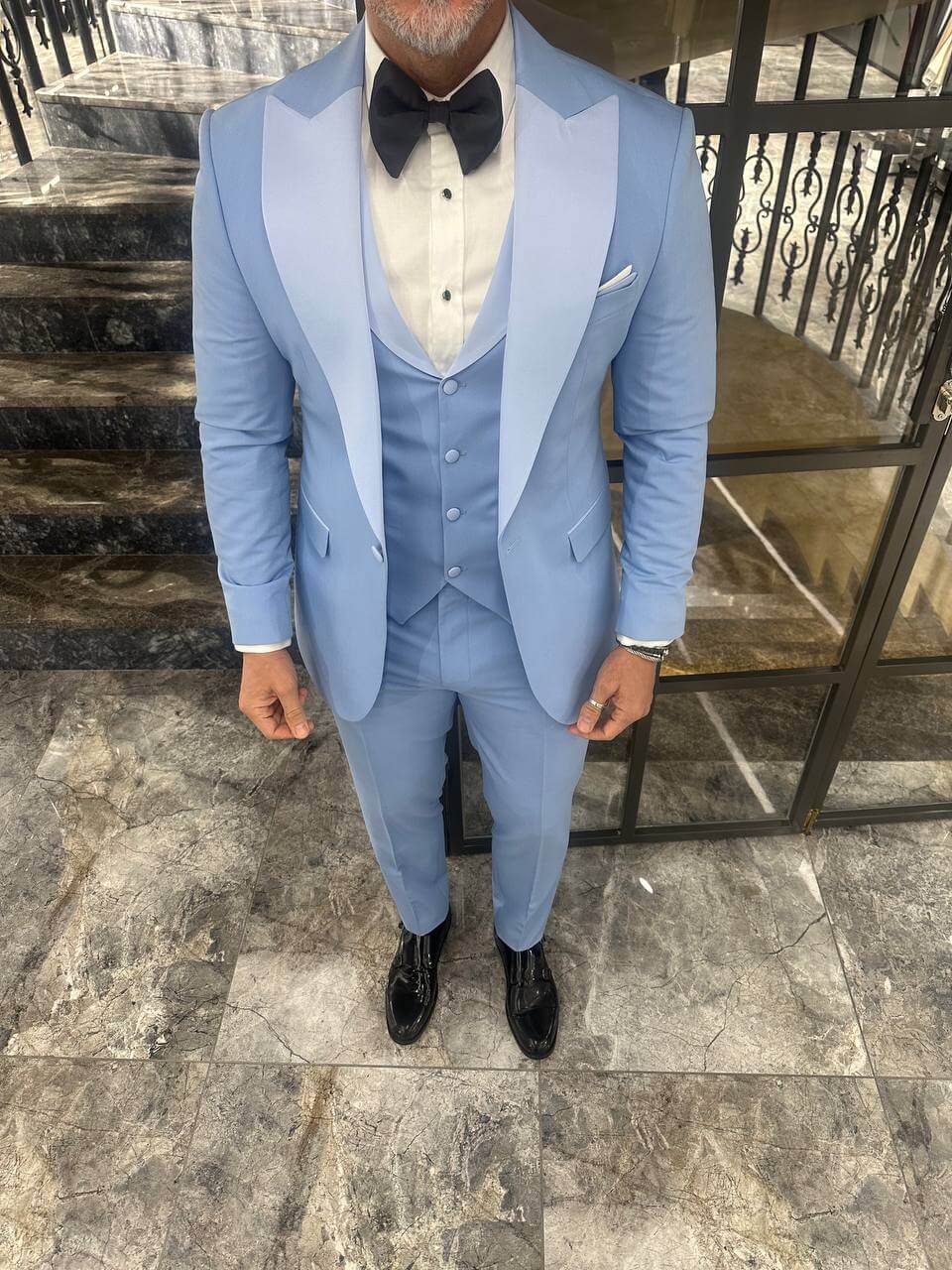 Sky Blue Satin 3 Piece Tuxedo Suit for Men - Image 7
