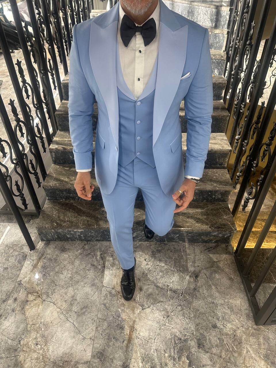 Sky Blue Satin 3 Piece Tuxedo Suit for Men - Image 8