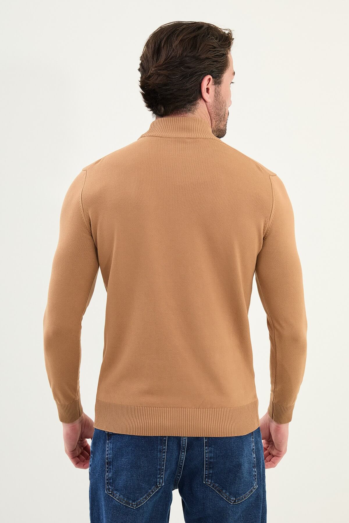 Men’s Slim Fit Camel Mock Neck Sweater - Image 3