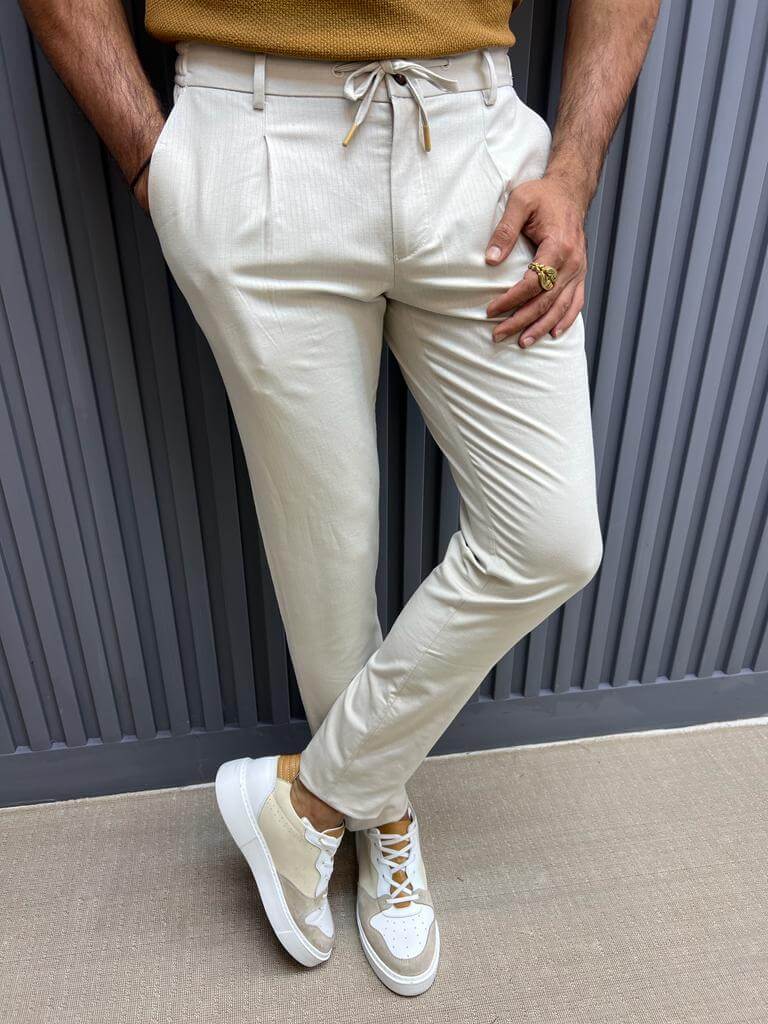 HolloMen Beige Slim Fit Casual Summer Pants. - Image 3