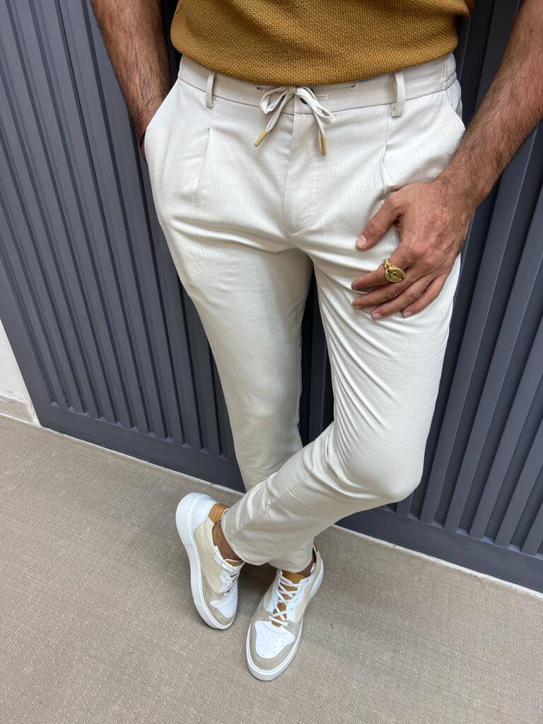 HolloMen Beige Slim Fit Casual Summer Pants. - Image 4