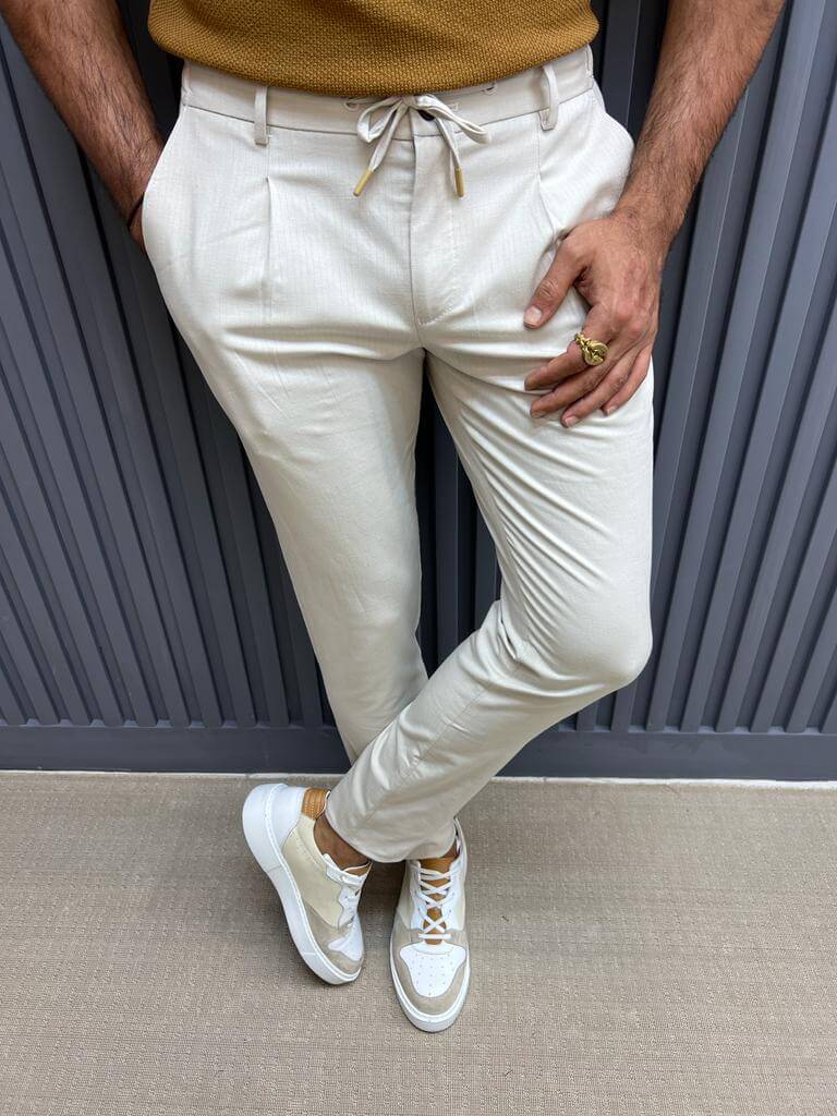 HolloMen Beige Slim Fit Casual Summer Pants. - Image 5